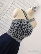 Dark Blue Chiffon Beads Long Prom Dress, Blue Evening Dress