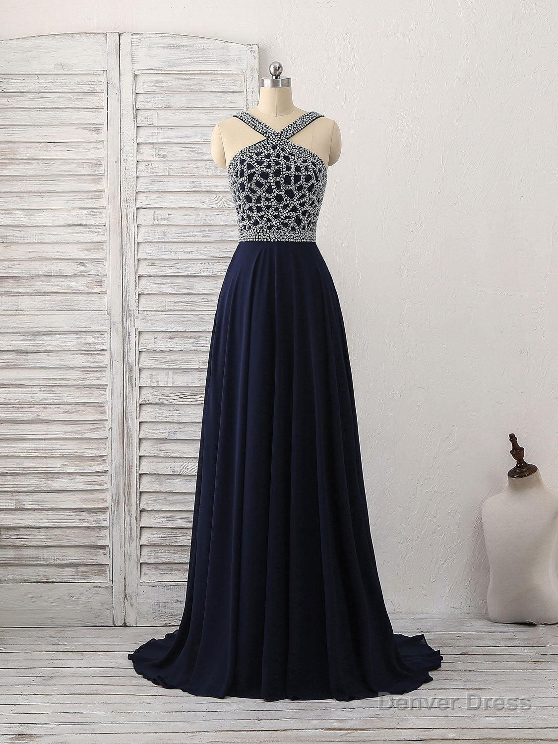 Dark Blue Chiffon Beads Long Prom Dress, Blue Evening Dress Secondary image
