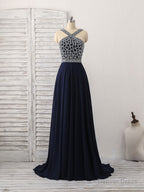 Dark Blue Chiffon Beads Long Prom Dress, Blue Evening Dress