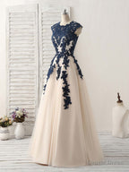 Dark Blue Lace Applique Tulle Long Prom Dress Blue Bridesmaid Dresses