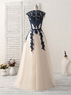 Dark Blue Lace Applique Tulle Long Prom Dress Blue Bridesmaid Dresses