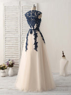 Dark Blue Lace Applique Tulle Long Prom Dress Blue Bridesmaid Dresses