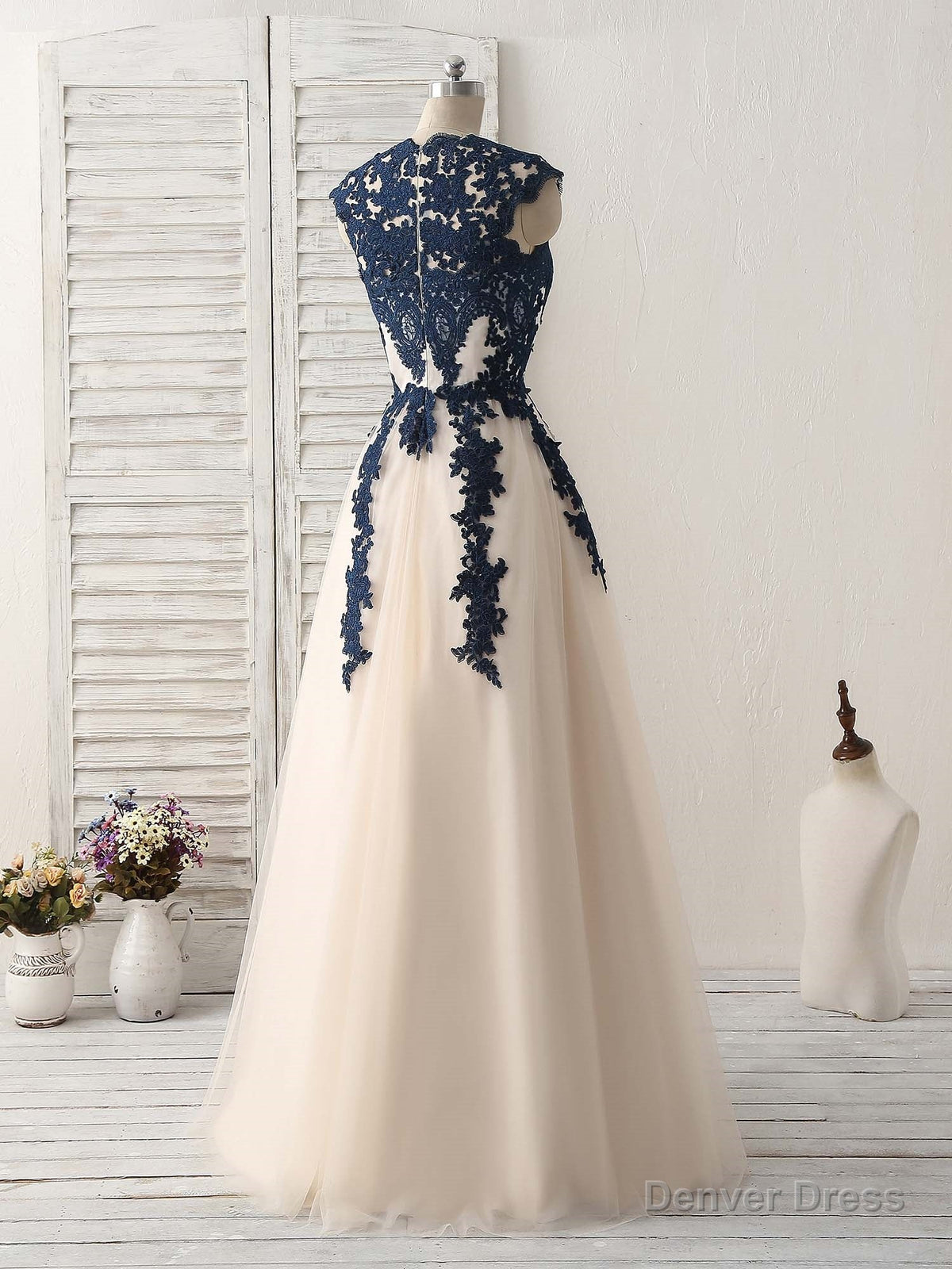 Dark Blue Lace Applique Tulle Long Prom Dress Blue Bridesmaid Dresses