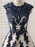 Dark Blue Lace Applique Tulle Long Prom Dress Blue Bridesmaid Dresses