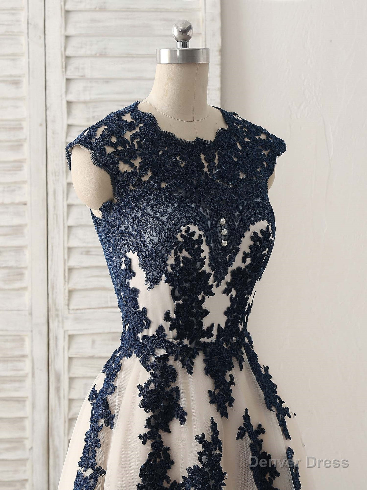 Dark Blue Lace Applique Tulle Long Prom Dress Blue Bridesmaid Dresses