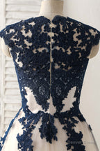 Dark Blue Lace Applique Tulle Long Prom Dress Blue Bridesmaid Dresses