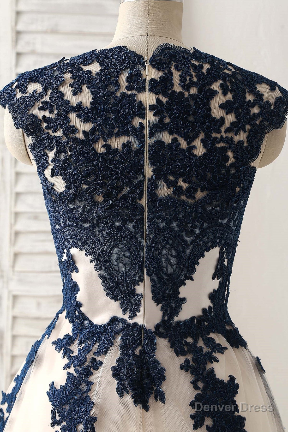 Dark Blue Lace Applique Tulle Long Prom Dress Blue Bridesmaid Dresses