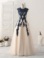 Dark Blue Lace Applique Tulle Long Prom Dress Blue Bridesmaid Dresses