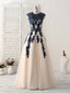 Dark Blue Lace Applique Tulle Long Prom Dress Blue Bridesmaid Dresses