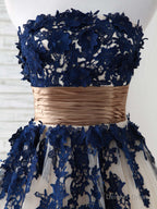 Dark Blue Lace Applique Tulle Long Prom Dress Blue Bridesmaid Dresses