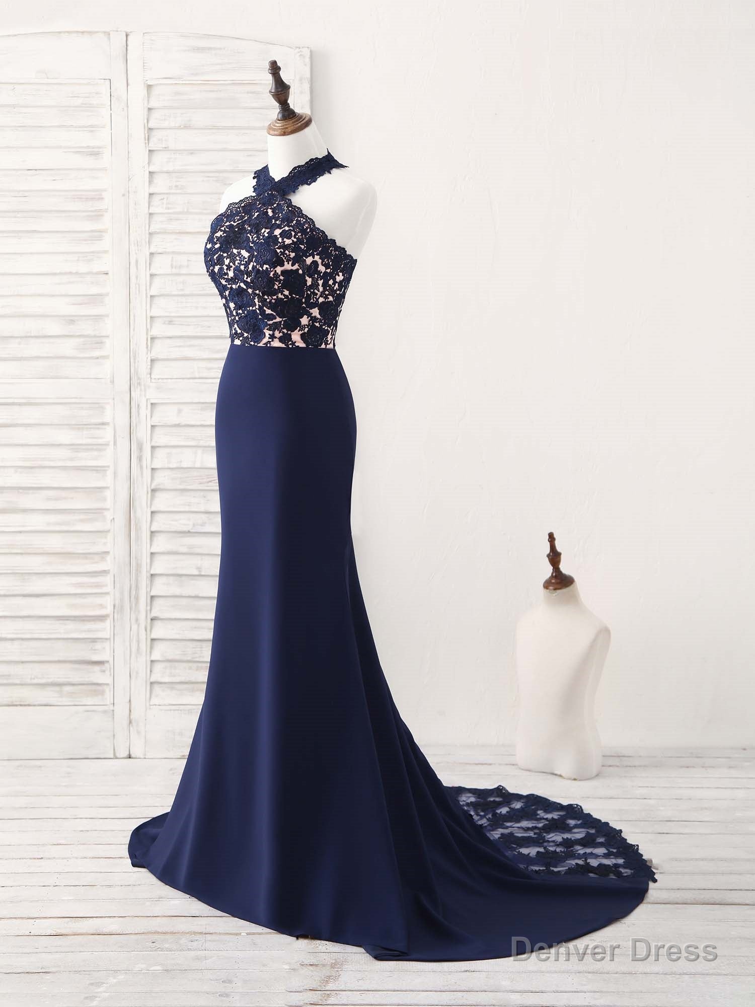 Dark Blue Lace Mermaid Long Prom Dress Mermaid Bridesmaid Dresses Secondary image