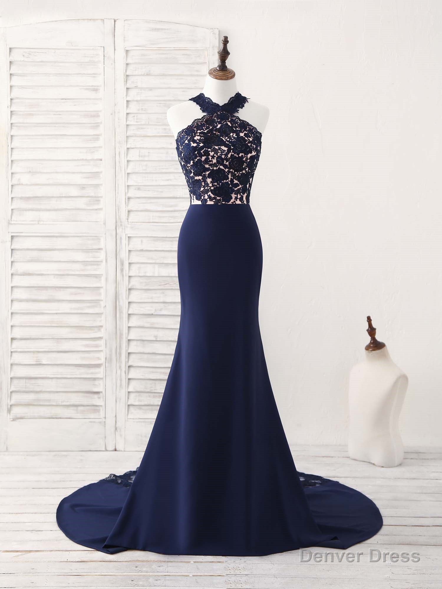 Dark Blue Lace Mermaid Long Prom Dress Mermaid Bridesmaid Dresses Main image