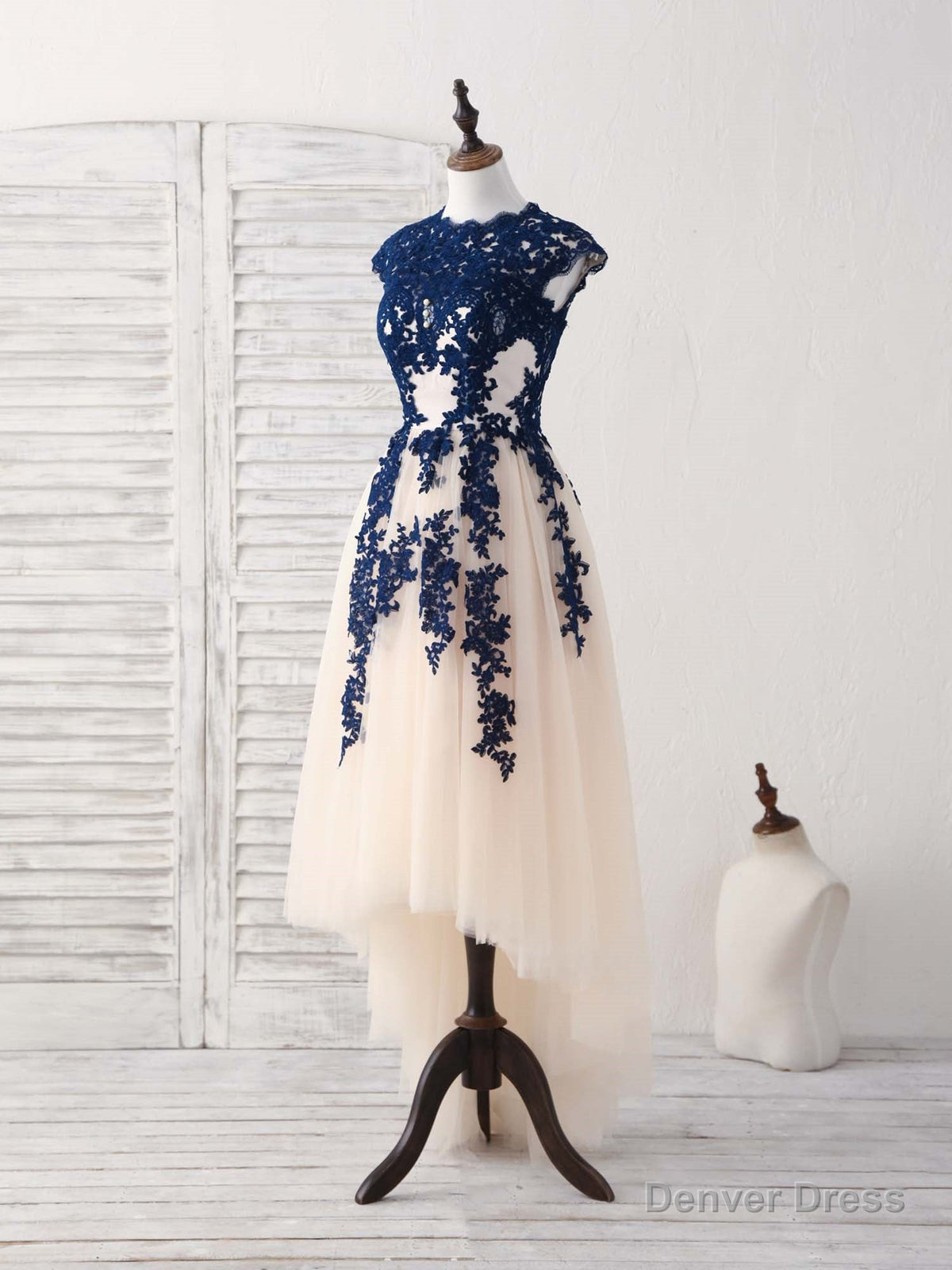 Dark Blue Lace Tulle High Low Prom Dress Blue Bridesmaid Dresses
