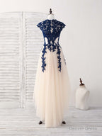 Dark Blue Lace Tulle High Low Prom Dress Blue Bridesmaid Dresses