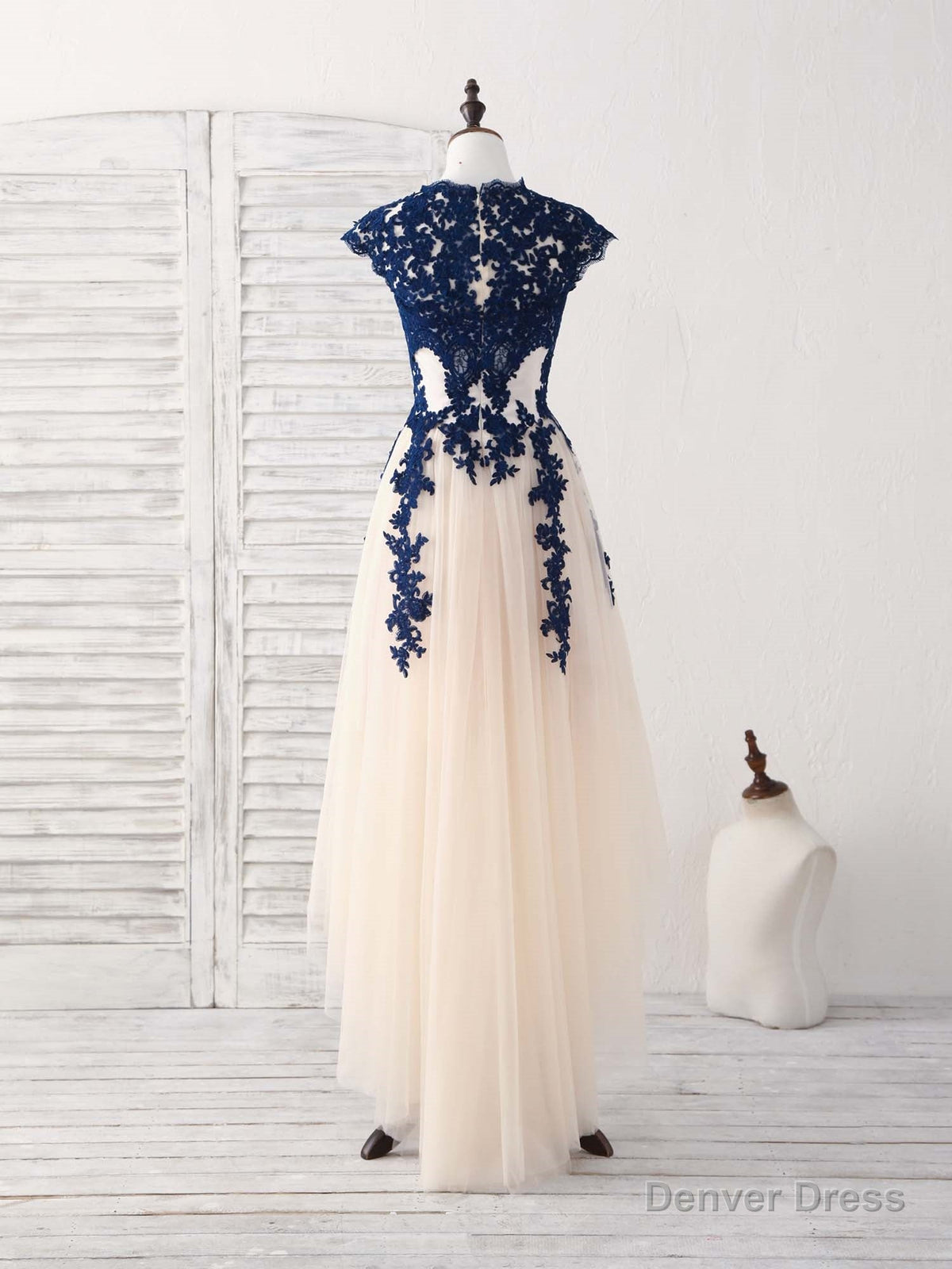 Dark Blue Lace Tulle High Low Prom Dress Blue Bridesmaid Dresses