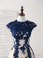 Dark Blue Lace Tulle High Low Prom Dress Blue Bridesmaid Dresses