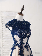 Dark Blue Lace Tulle High Low Prom Dress Blue Bridesmaid Dresses