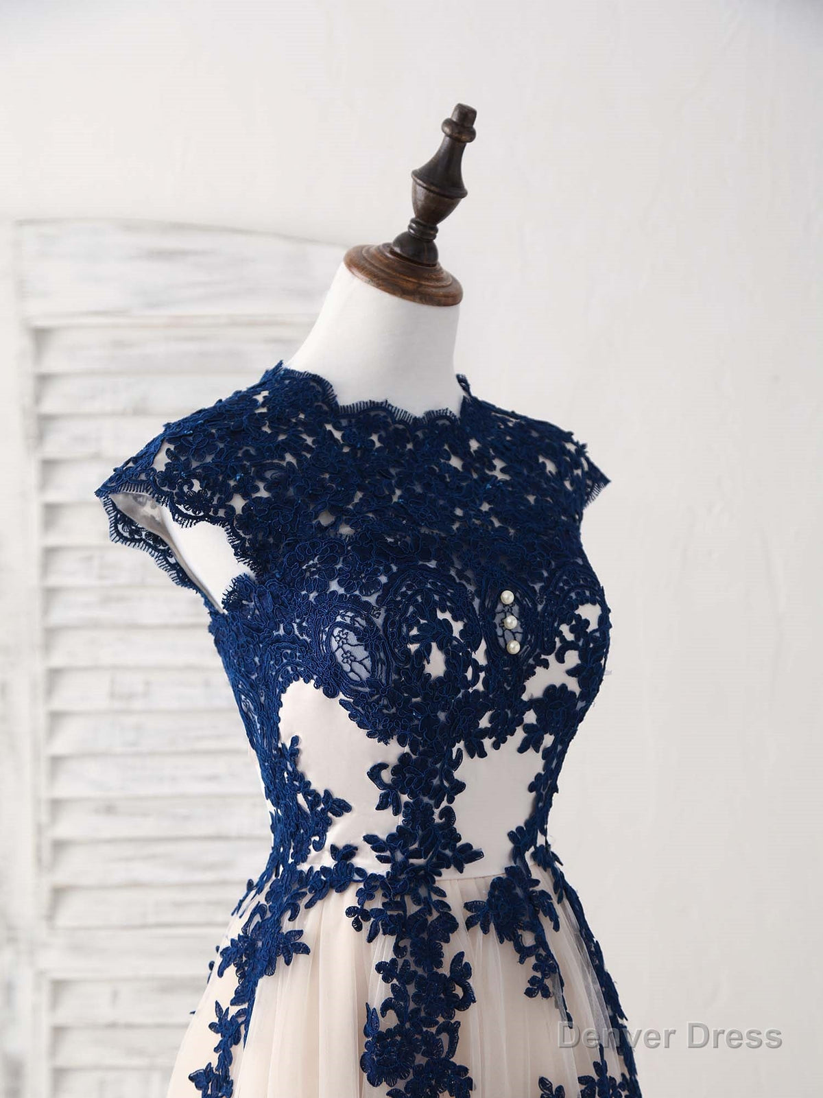 Dark Blue Lace Tulle High Low Prom Dress Blue Bridesmaid Dresses