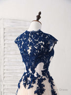 Dark Blue Lace Tulle High Low Prom Dress Blue Bridesmaid Dresses