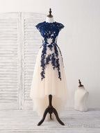 Dark Blue Lace Tulle High Low Prom Dress Blue Bridesmaid Dresses
