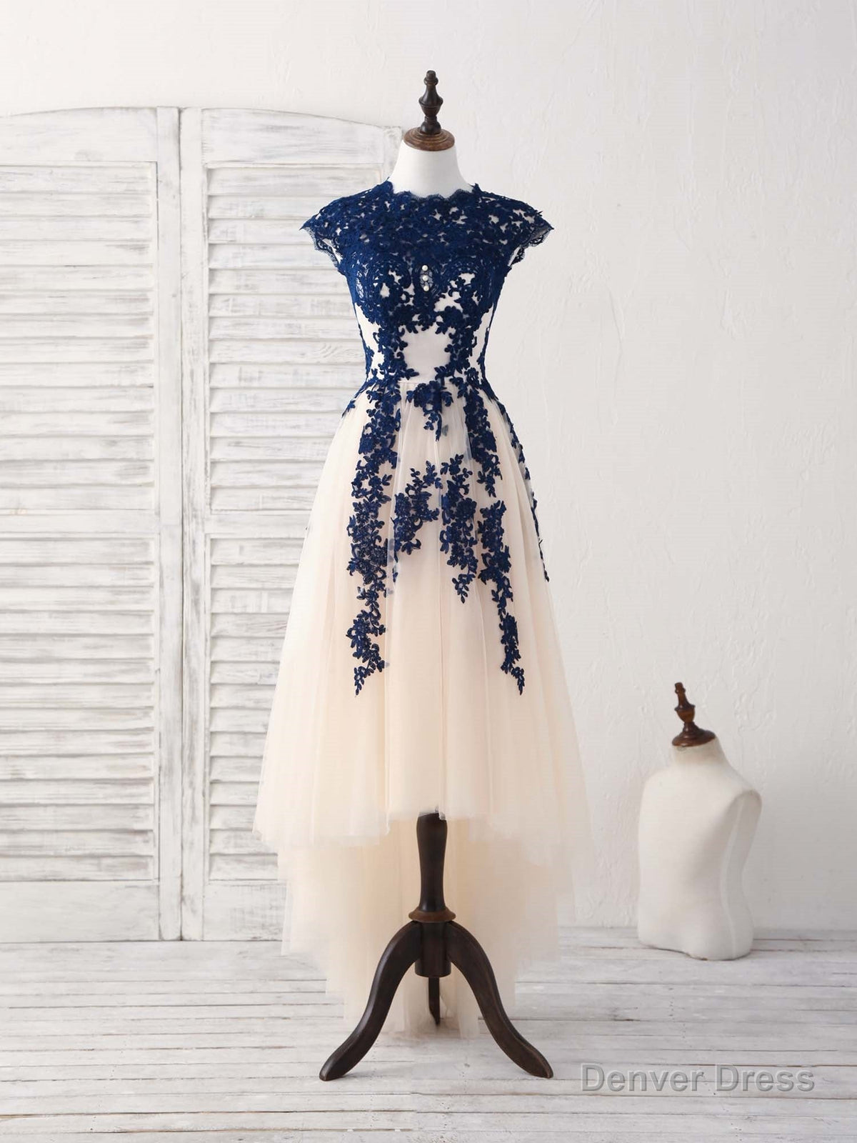 Dark Blue Lace Tulle High Low Prom Dress Blue Bridesmaid Dresses