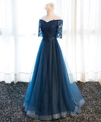 Dark Blue Lace Tulle Long Prom Dress, Lace Evening Dress