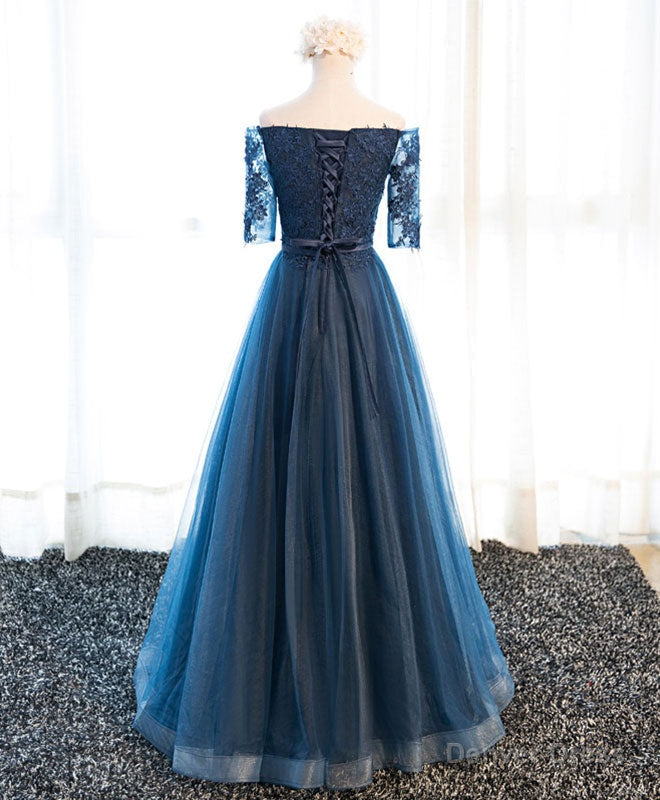 Dark Blue Lace Tulle Long Prom Dress, Lace Evening Dress – Denver Dress