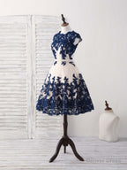 Dark Blue Lace Tulle Short Prom Dress Blue Bridesmaid Dresses