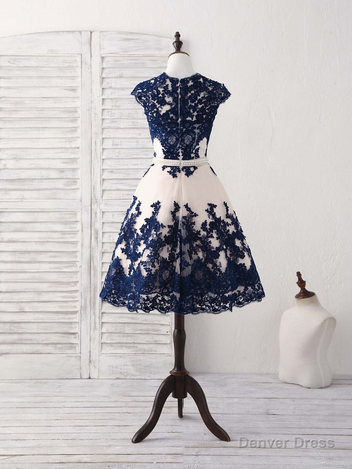 Dark Blue Lace Tulle Short Prom Dress Blue Bridesmaid Dresses