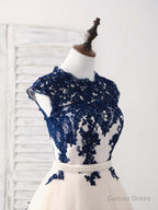 Dark Blue Lace Tulle Short Prom Dress Blue Bridesmaid Dresses