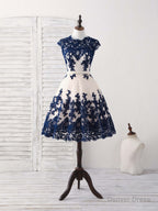 Dark Blue Lace Tulle Short Prom Dress Blue Bridesmaid Dresses