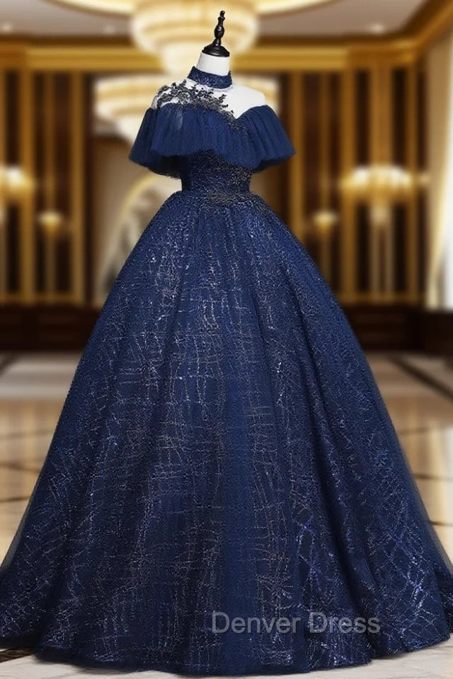 Dark Blue Long Prom Dresses, Blue Tulle Formal Gown Graduation Dresses Main image