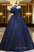 Dark Blue Long Prom Dresses, Blue Tulle Formal Gown Graduation Dresses