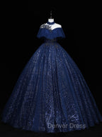 Dark Blue Long Prom Dresses, Blue Tulle Formal Gown Graduation Dresses
