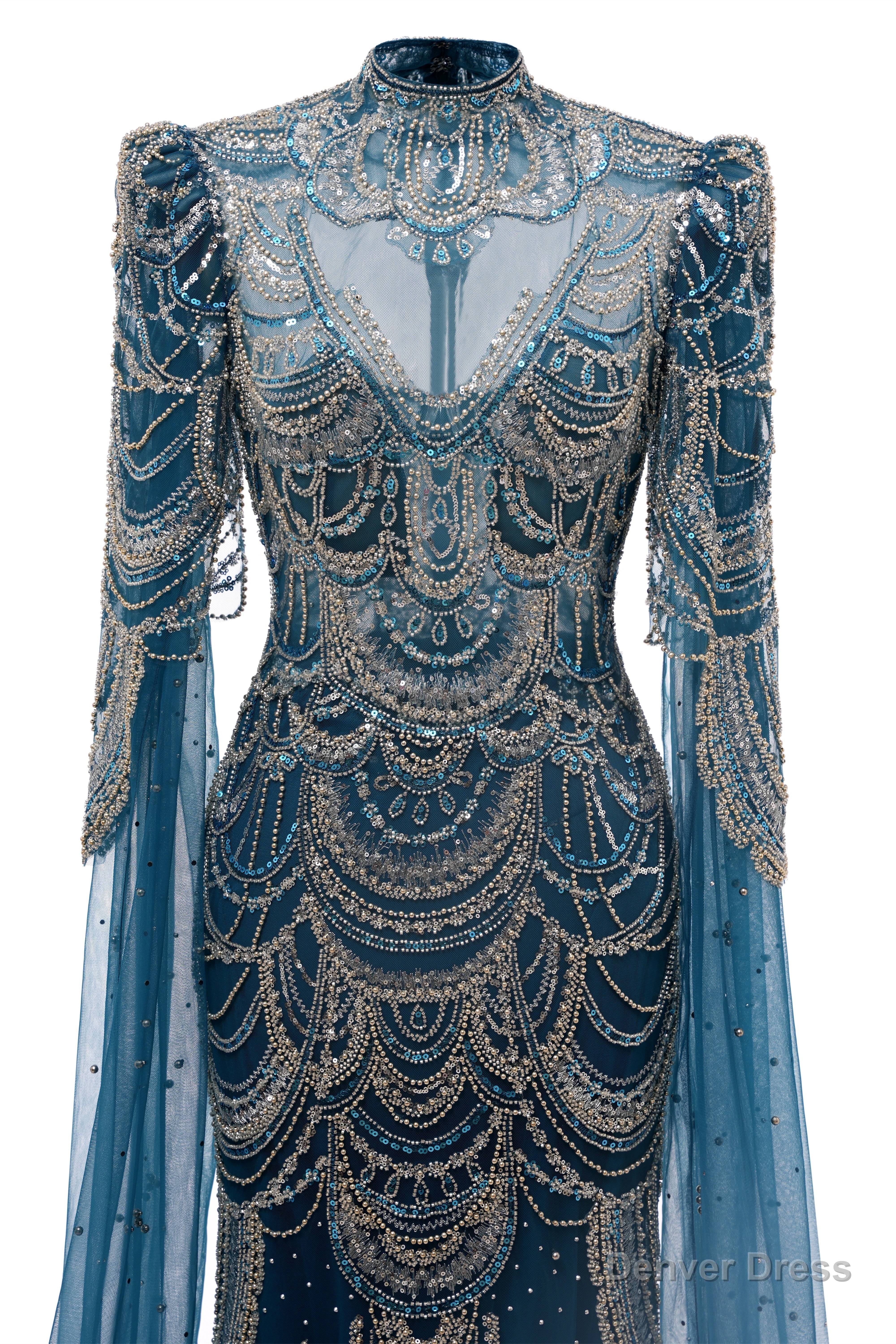 Dark Blue Mermaid Prom Dresses Beading Tulle Women Luxury Evening Dresses High Neck Long Sleeves Secondary image