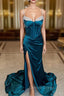 Dark Blue Mermaid Satin Spaghetti Straps Beading Prom Dresses