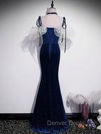 Dark Blue Mermaid Velvet Long Prom Dresses, Blue Formal Evening Dresses