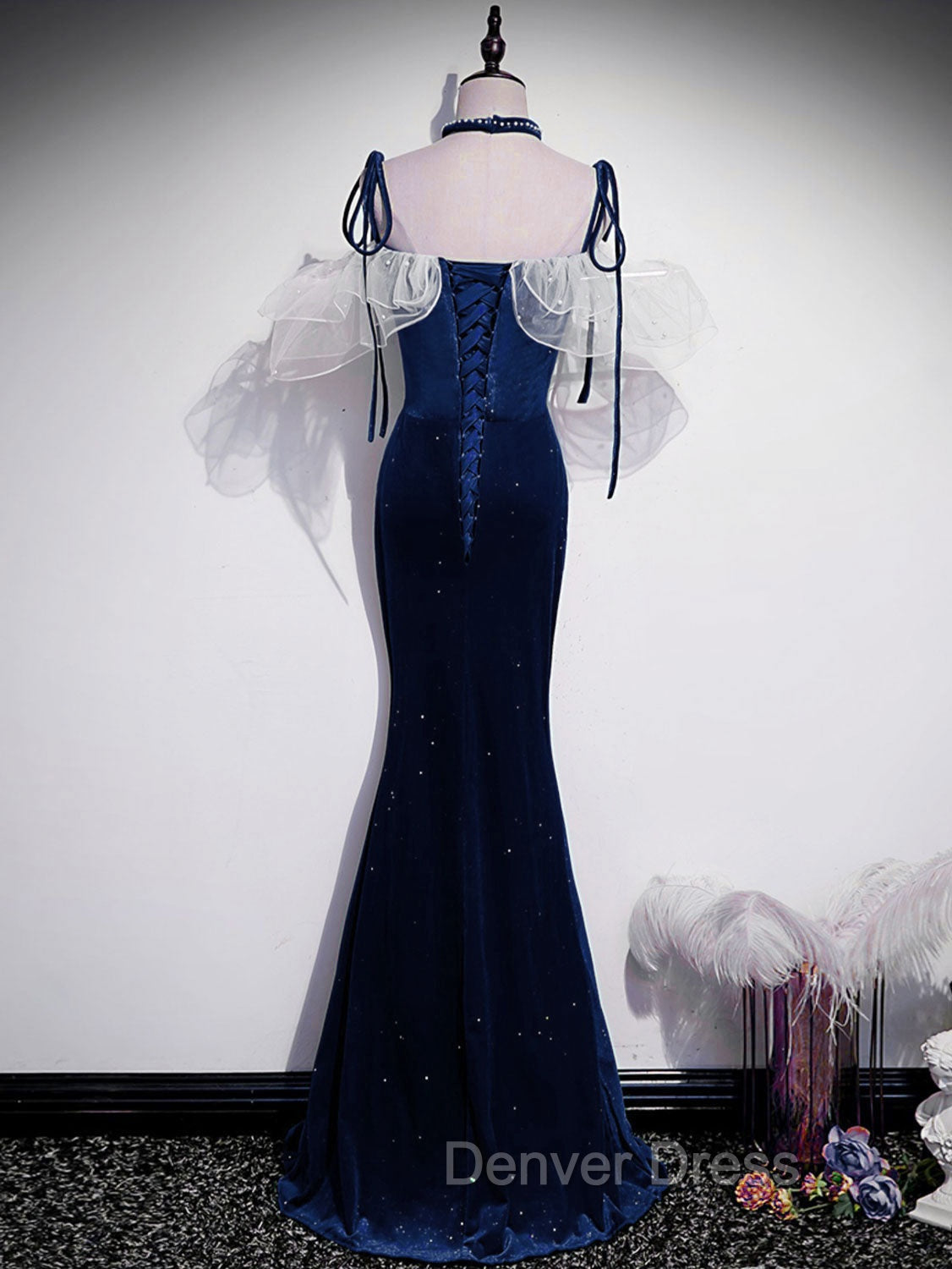 Dark Blue Mermaid Velvet Long Prom Dresses, Blue Formal Evening Dresses