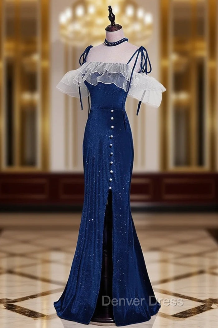 Dark Blue Mermaid Velvet Long Prom Dresses, Blue Formal Evening Dresses