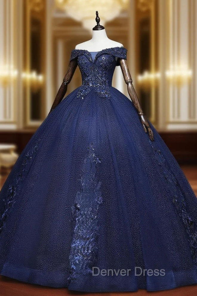 Dark Blue Off Shoulder Tulle Lace Long Prom Gowns, Blue Sweet 16 Dresses With Beading Sequin