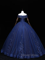 Dark Blue Off Shoulder Tulle Lace Long Prom Gown, Blue Sweet 16 Dresses With Beading Sequin