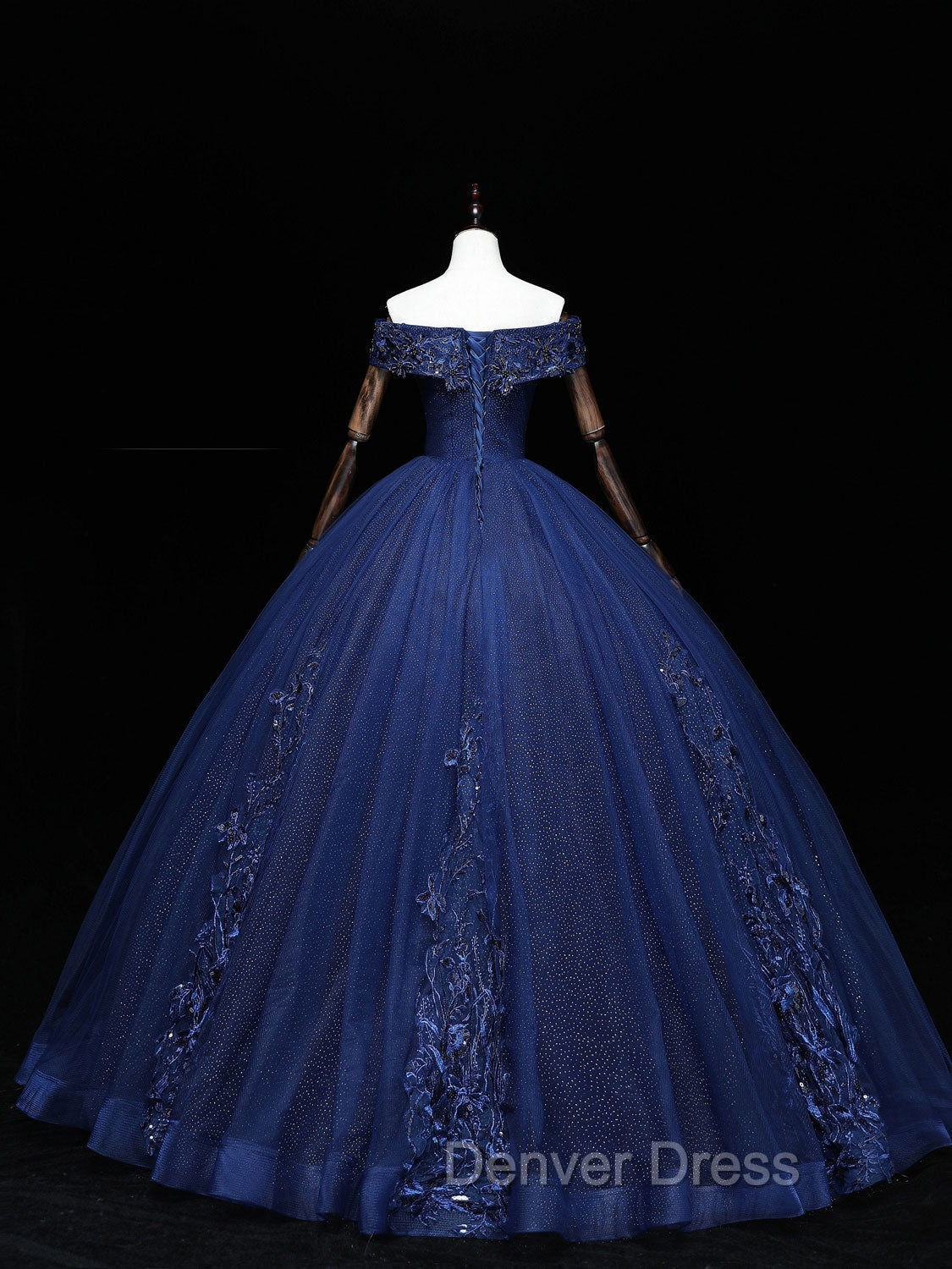 Dark Blue Off Shoulder Tulle Lace Long Prom Gowns, Blue Sweet 16 Dresses With Beading Sequin