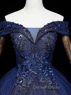 Dark Blue Off Shoulder Tulle Lace Long Prom Gown, Blue Sweet 16 Dresses With Beading Sequin
