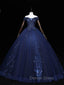 Dark Blue Off Shoulder Tulle Lace Long Prom Gown, Blue Sweet 16 Dresses With Beading Sequin