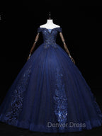 Dark Blue Off Shoulder Tulle Lace Long Prom Gowns, Blue Sweet 16 Dresses With Beading Sequin