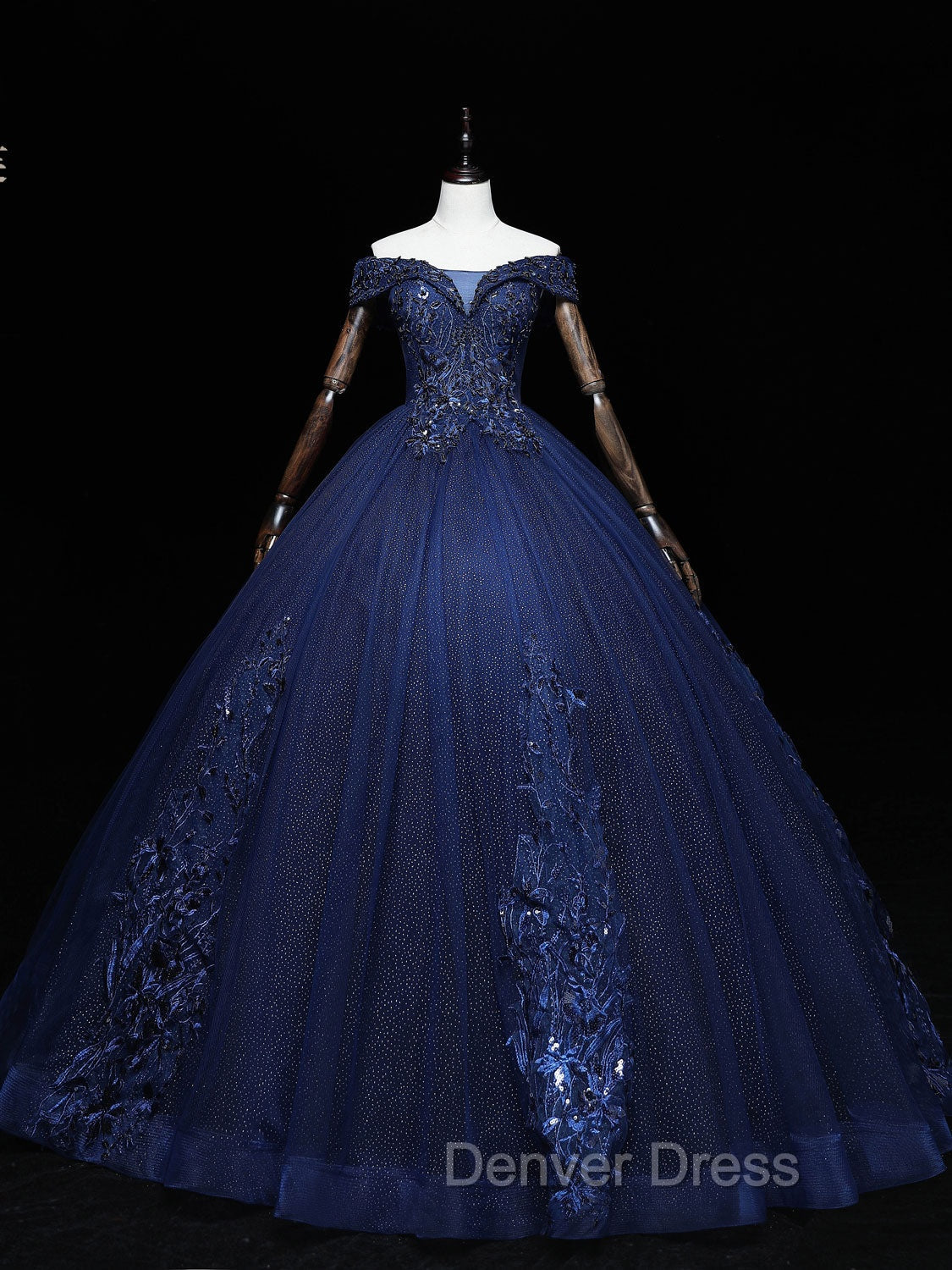 Dark Blue Off Shoulder Tulle Lace Long Prom Gowns, Blue Sweet 16 Dresses With Beading Sequin