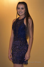 Dark Blue Open Back Sequins Homecoming Dresses