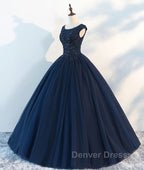 Dark blue round neck tulle lace long prom Dress, blue tulle lace Prom Dresses