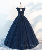 Dark blue round neck tulle lace long prom Dress, blue tulle lace Prom Dresses