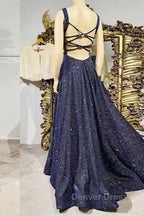 Dark blue sequin long prom Dress , blue Prom Dresses